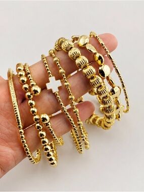 Gold Beaded Stretch Bracelet Set with White Cross Accent - Women Jewelry
